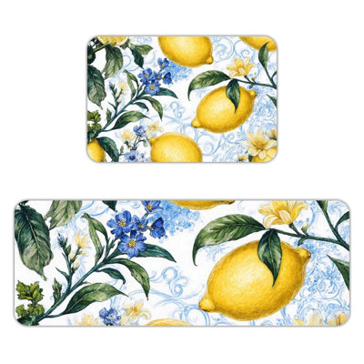 Ensemble de 2 tapis de cuisine antidérapants à motif floral citron et bleu