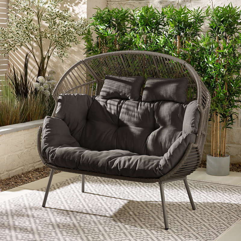 Kouts Cosy Rattan Weave Double Egg Chair Garden With Cushion - Contemporary Modern Design, Grey