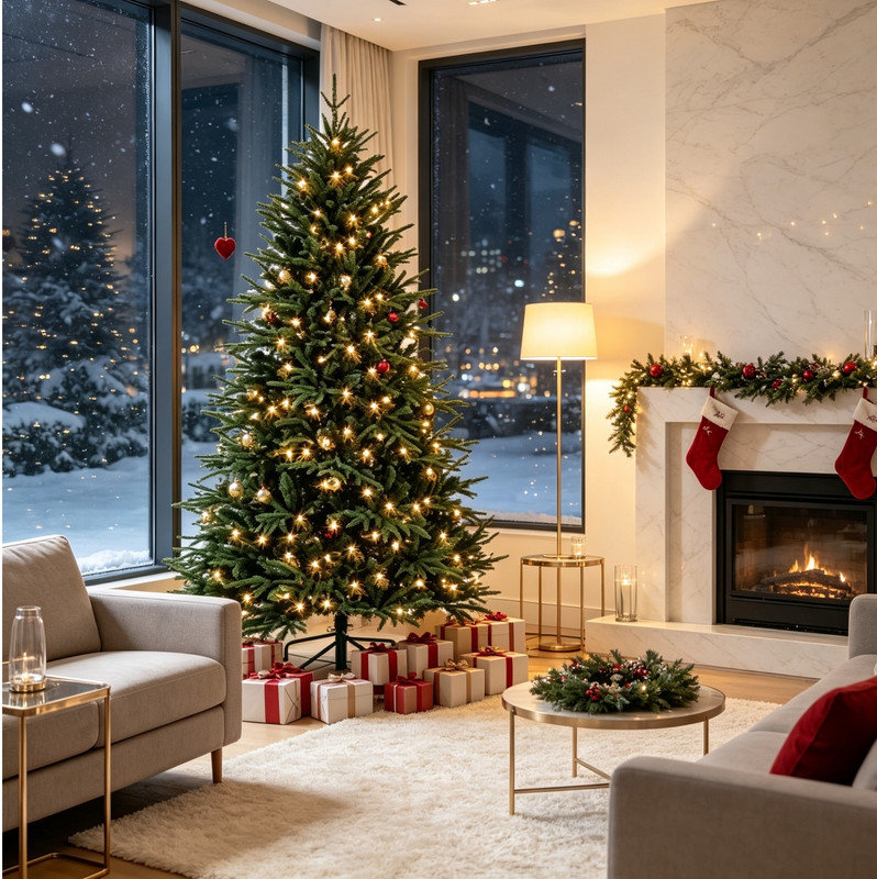 Sapin artificiel complet pré-éclairé, feuillage en polyuréthane mélangé polyuréthane, décoration intérieure festive douillette