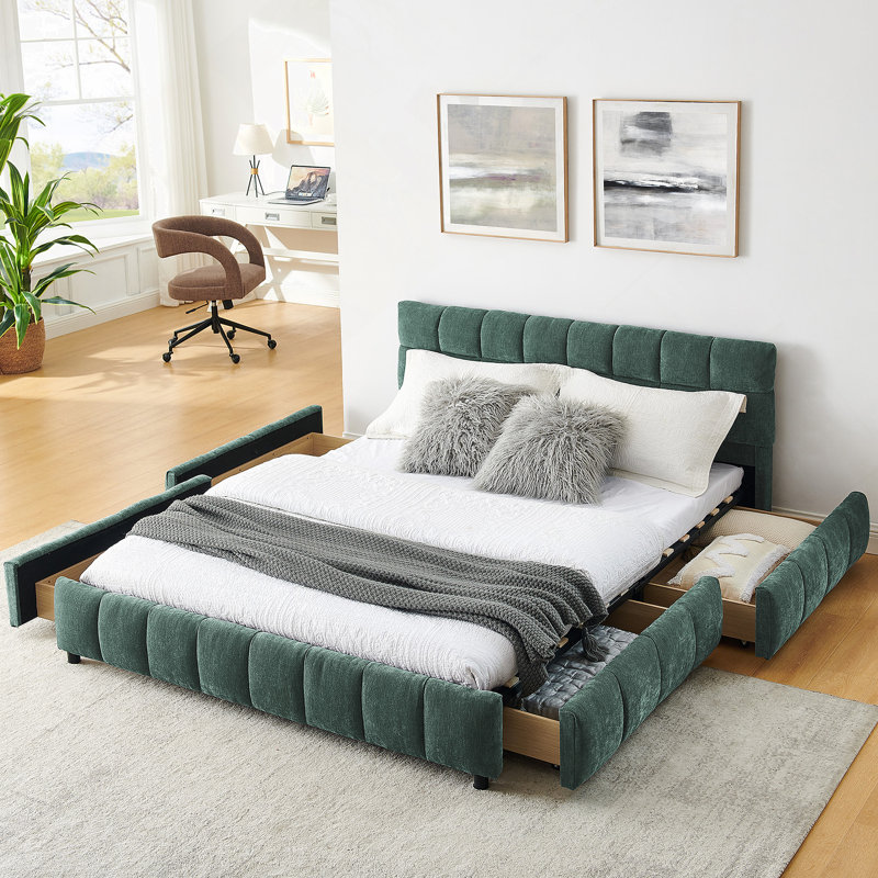 Grand lit tapissier, cadre de lit rembourré confortable, tissu chenille, avec tête de lit et cadre de lit solide. Avec tiroir pour le rangement - Vert (88,5 po x 68,5 po x 31 po)