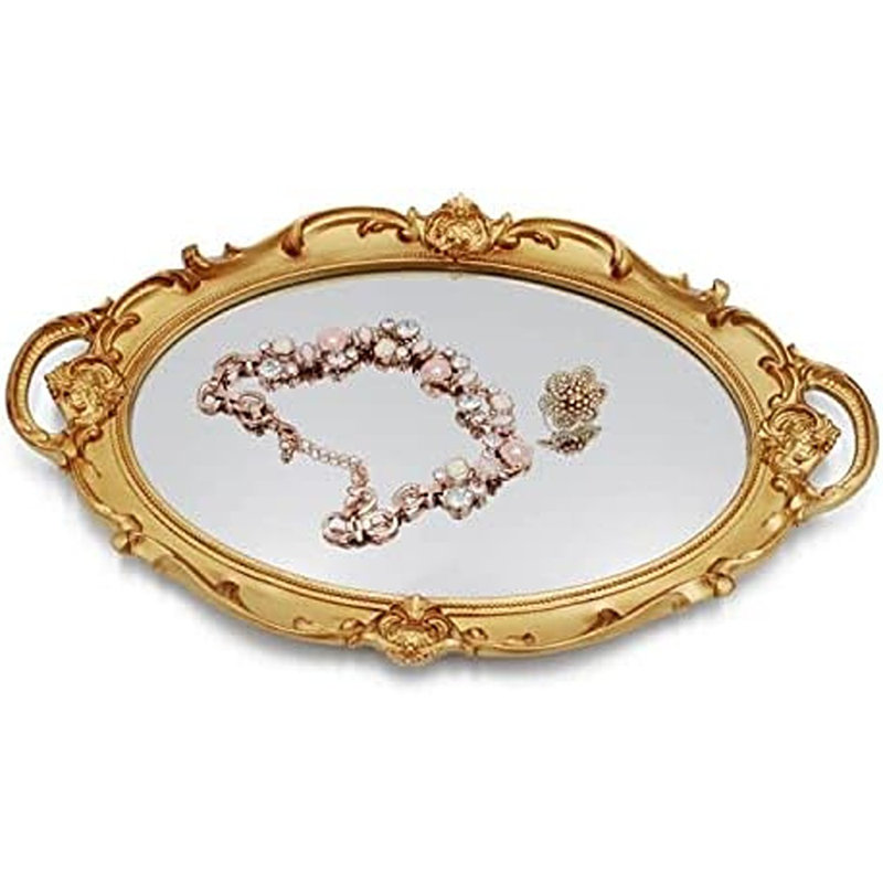 Plateau décoratif oval doré miroir, meuble-lavabo et plateau de salle de bain