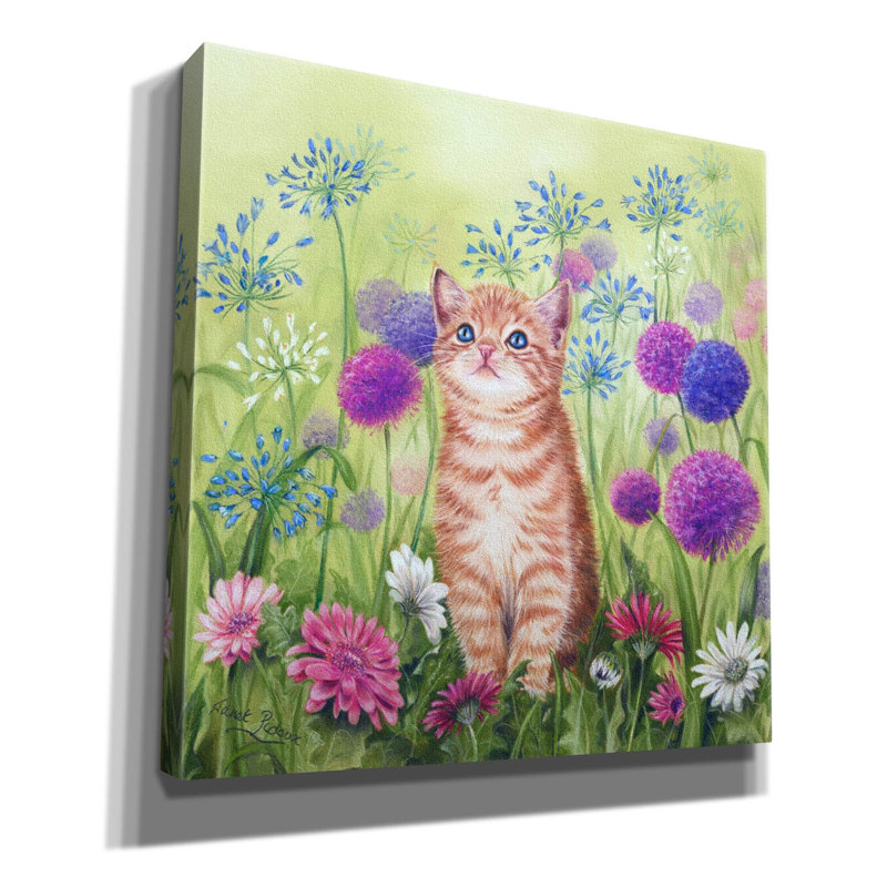 Chaton gingembre en fleurs par Janet Pidoux, H 18 po x l 18 po x P 0,75 po