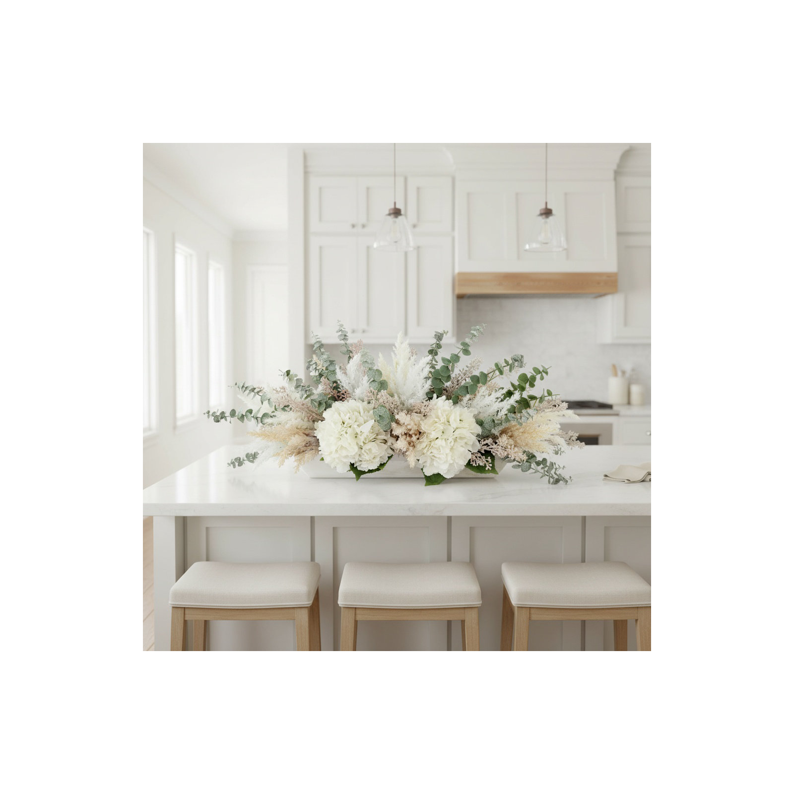 Hydrangea, Pampas and Eucalyptus Arrangement in Wooden Bowl, White