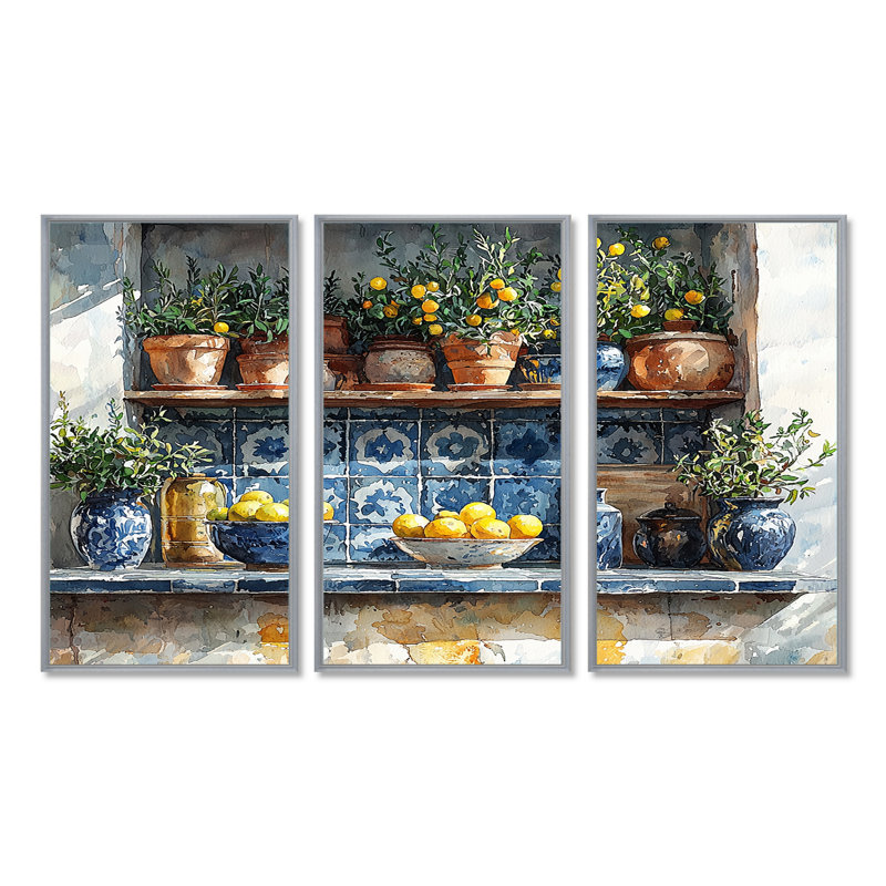 Blue and Yellow Kitchen Greek Kitchen - Ensemble de salon d'art mural de cuisine, Toile argentée avec cadre flottant