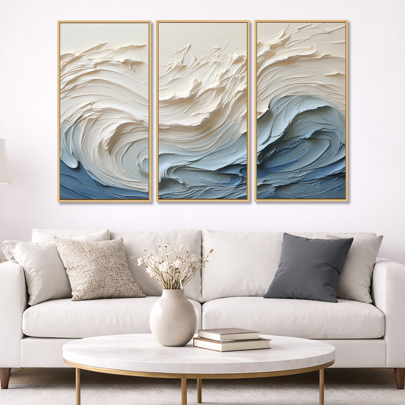 Ensemble d'art mural Clareen - vagues côtières (ensemble de 3), H 40 po x l 60 po x P 1 po, Encadrement argenté