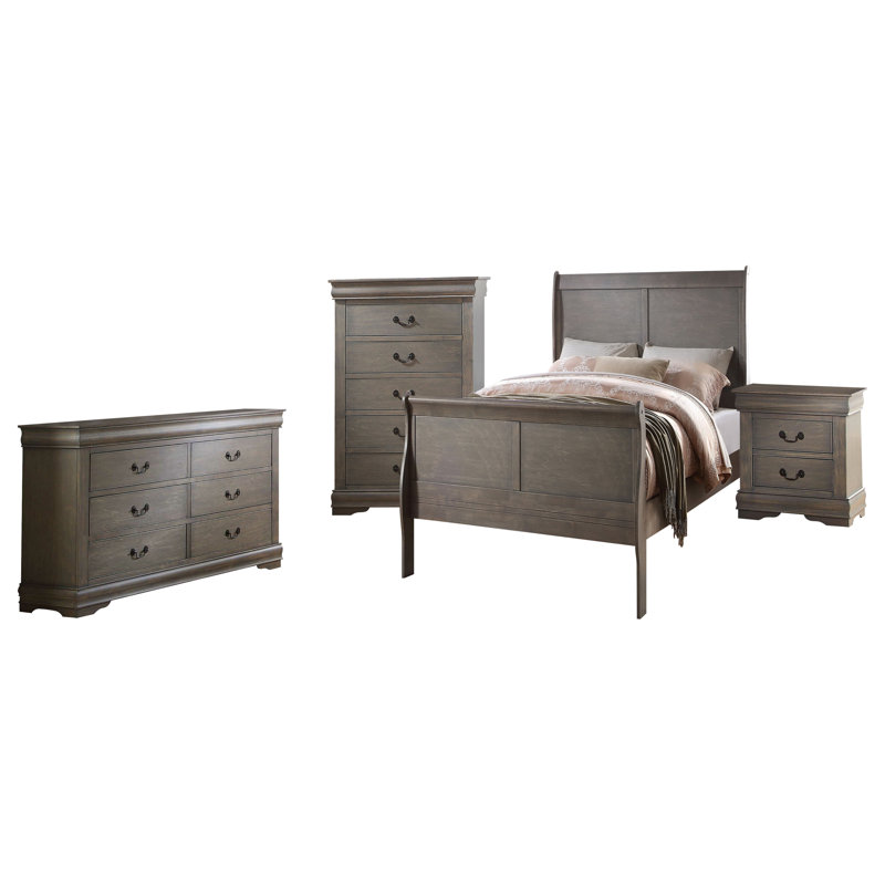 Ensemble de chambre à coucher Engstrom, Gris antique, Double, 5 pièces : lit, commode, miroir, table de chevet