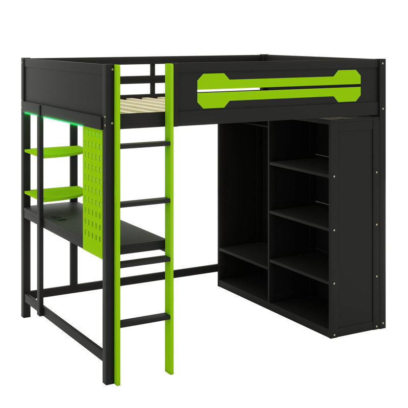Lit mezzanine pleine grandeur avec bureau et garde-robe ouverte, cadre en bois avec espaces de rangement et éclairage intégré