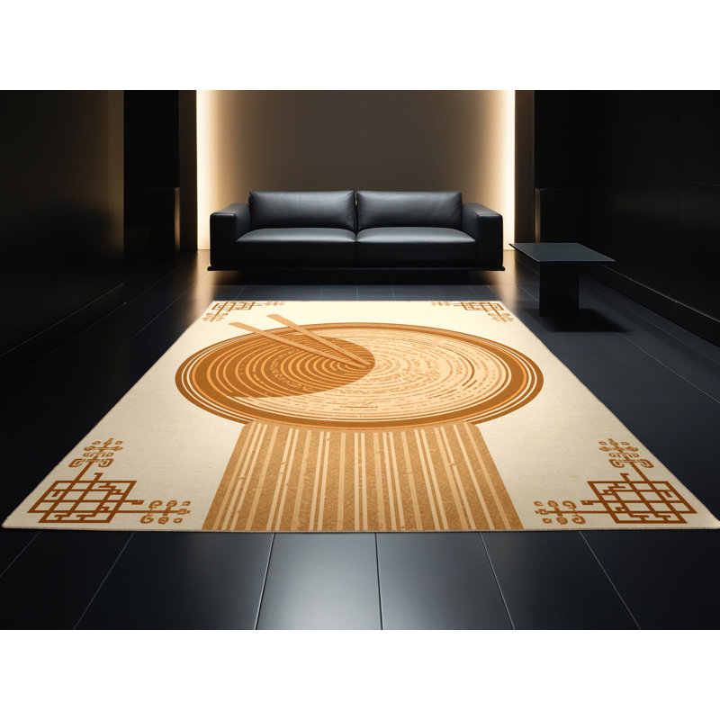 Machine Washable Wilkerson Pho Bowl Global Inspired Block Print Rug in Beige – Beige Binding, 7x10