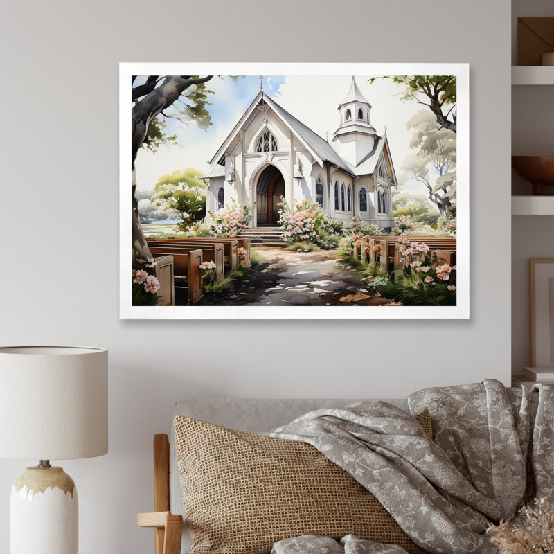 Aquarelle rustique de la chapelle blanche, Cadre simple blanc, H 34 po x l 44 po x P 1,5 po
