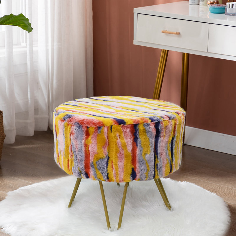 Multi Jacquard Round Faux Fur Ottoman, Orange Faux Fur