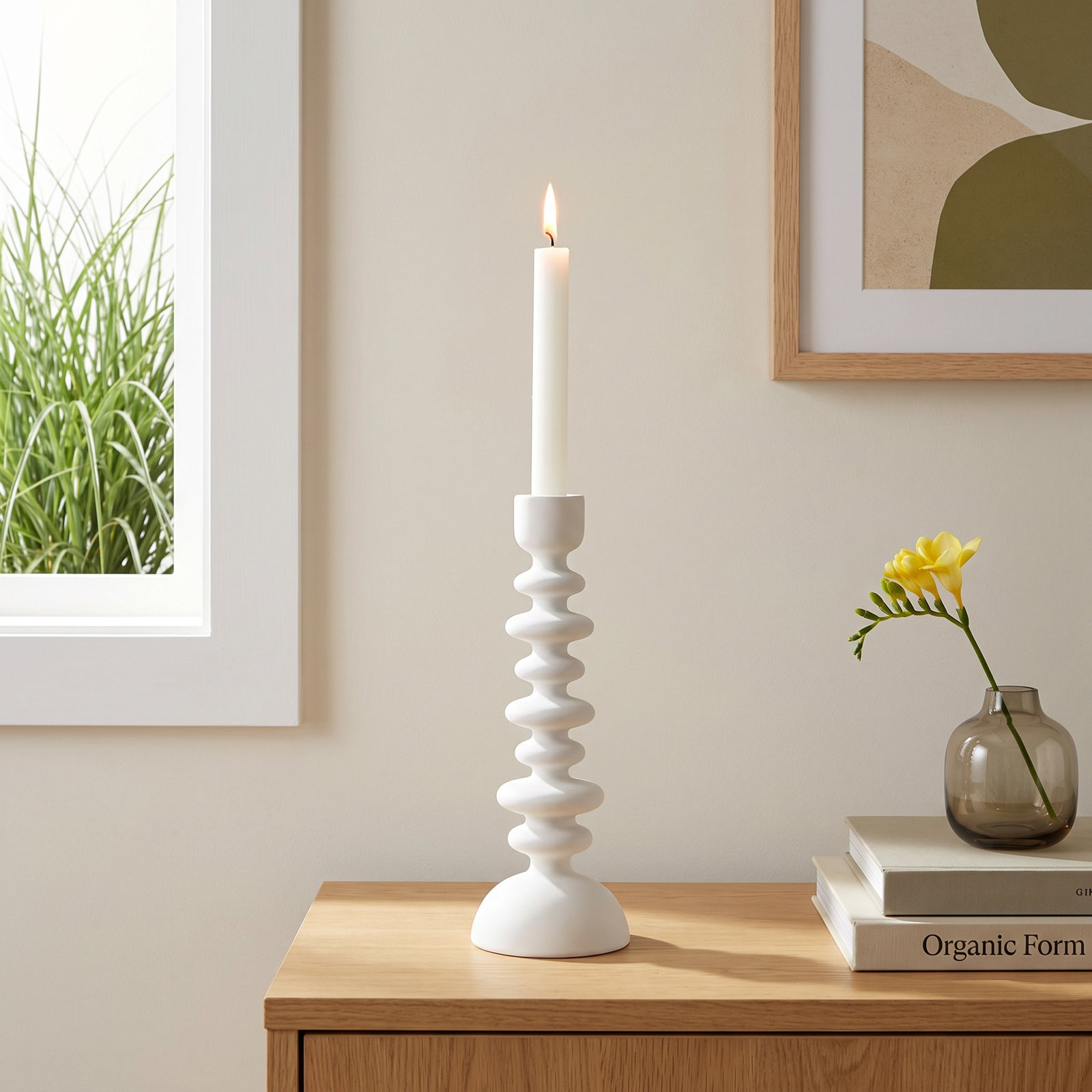 Giedre Aluminum Candlestick Holder, White, 12.25" H x 4.5" W x 4.5" D