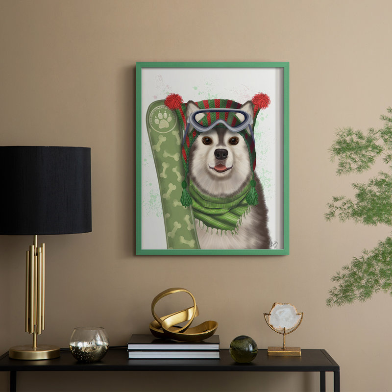 «Christmas Husky Snowboard», reproduction encadrée - bois massif, H 15 po x l 12 po, Cadre vert
