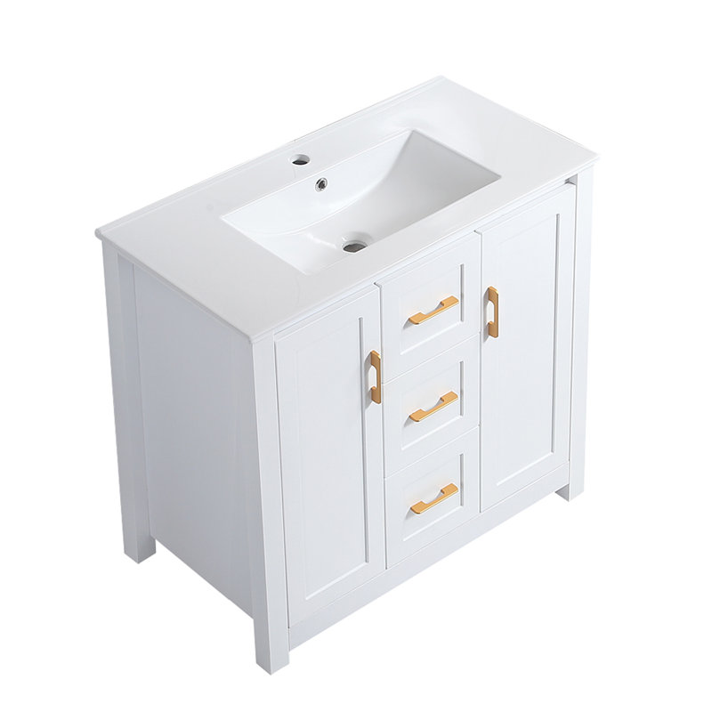 Meuble-lavabo de salle de bain avec lavabo simple, meuble-lavabo encastré, armoire de rangement pour salle de bain avec 2 portes et 2 tiroirs, fermeture en douceur, rangement multifonctionnel