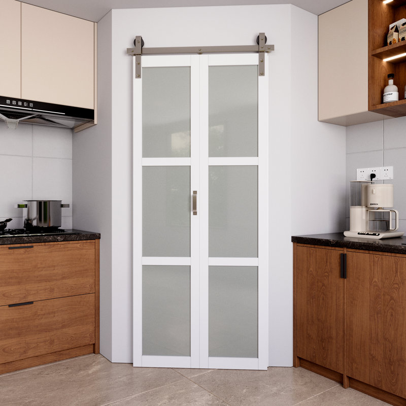 (Nickel plaqué) Porte de grange pliante en verre givré blanc 3 Lite avec trousse de quincaillerie et poignée (garde-manger, garde-robe)