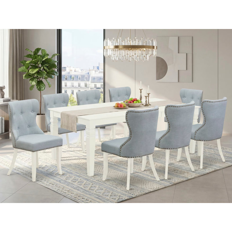 9 Piece Kitchen Table Set Includes a Rectangle Dining Table with Butterfly Leaf and 8 Baby Blue Linen Fabric Parsons Dining Chairs, Linen White
