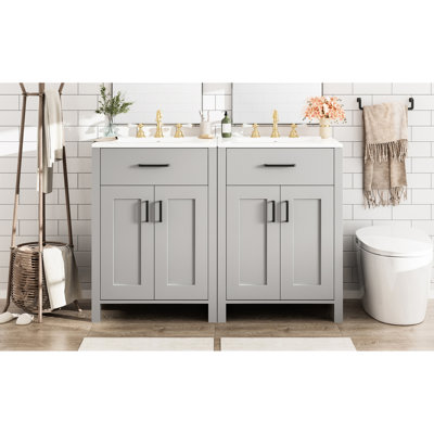 Meuble-lavabo moderne de 48 po avec lavabo en céramique, charnières à fermeture en douceur et tablette double réglable avec double lavabo, tablettes de porte à double couche, tiroir rabattable