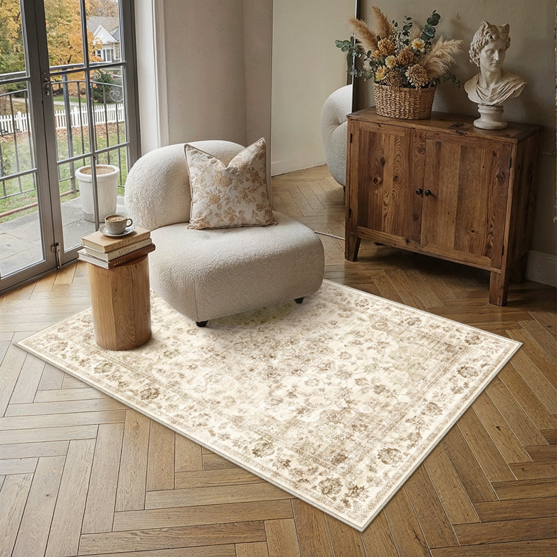 Kitty Washable Vintage Beige Area Rug with Non-Slip Backing for Living Room, Rectangle 3' x 5'