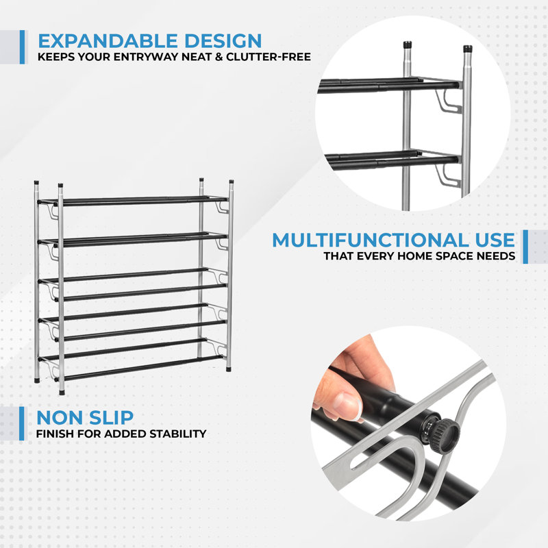 Expandable 5-Tier Silver Metal Shoe Rack