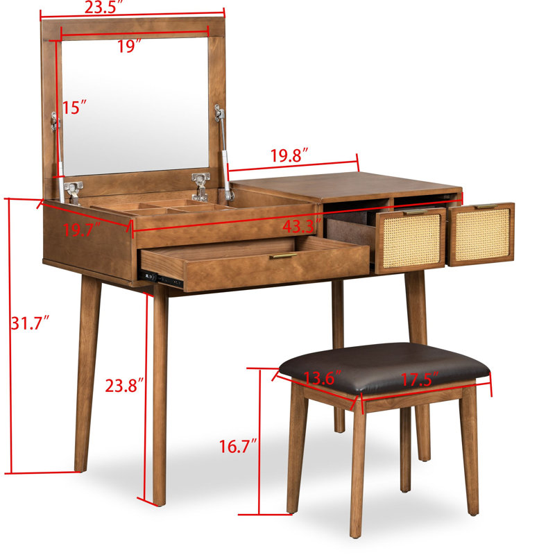 Ensemble de meuble-lavabo classique en bois avec miroir rabattable et tabouret de style moderne 43,3 po pour chambre, Brun