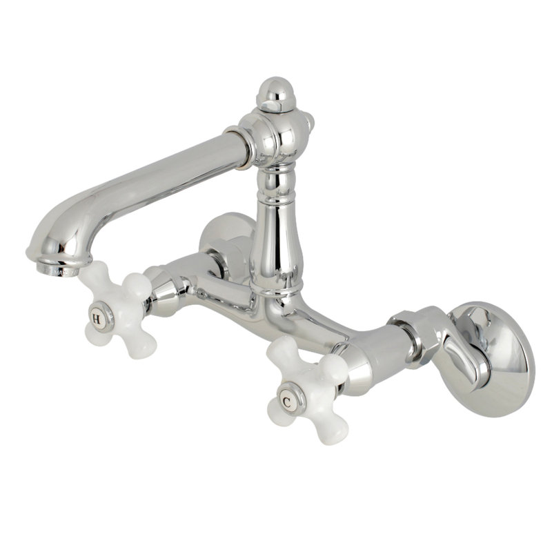 Kingston Brass English Country Double-Handle 2-Hole Wall-Mount Bridge Kitchen Faucet, Polished Chrome