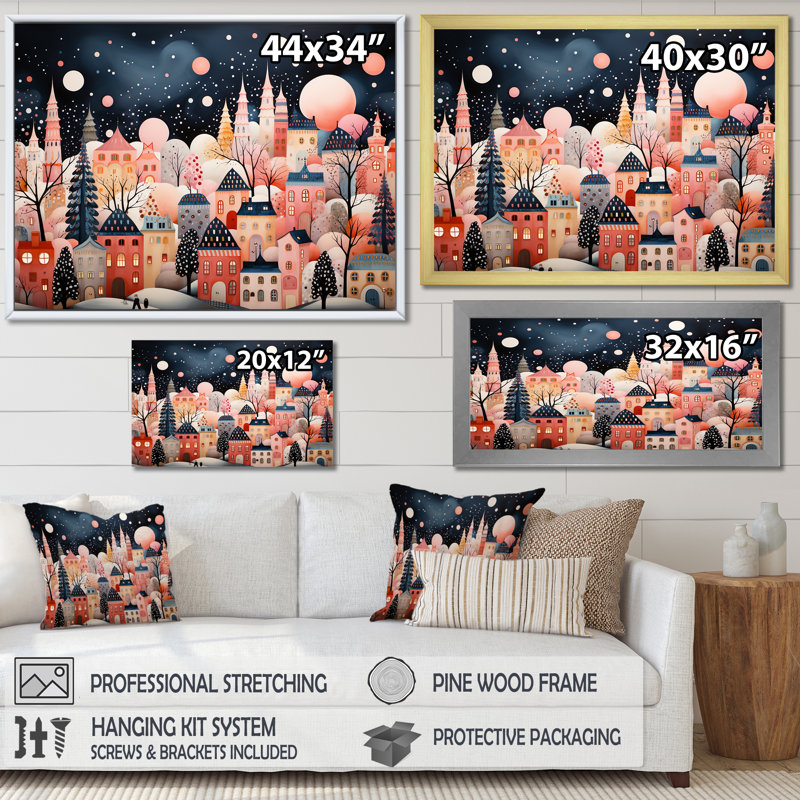 Art déco, village d'hiver, peinture I - art mural Art déco urbain, Cadre flottant noir, H 12 po x l 20 po x P 1 po