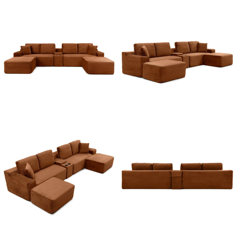 125" Modular Sectional Cloud Couch with Two Ottomans, U-Shaped Deep Seat Sofa with Cup Holders, USB Ports & Storage, Upholstered Soft Corduroy for Modern Living Room