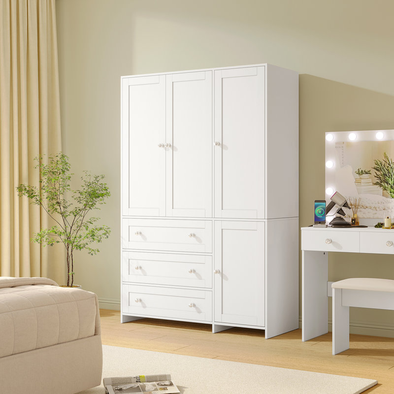 Armoire penderie avec tiroirs et miroir, armoire avec tringle pour chambre à coucher, Blanc