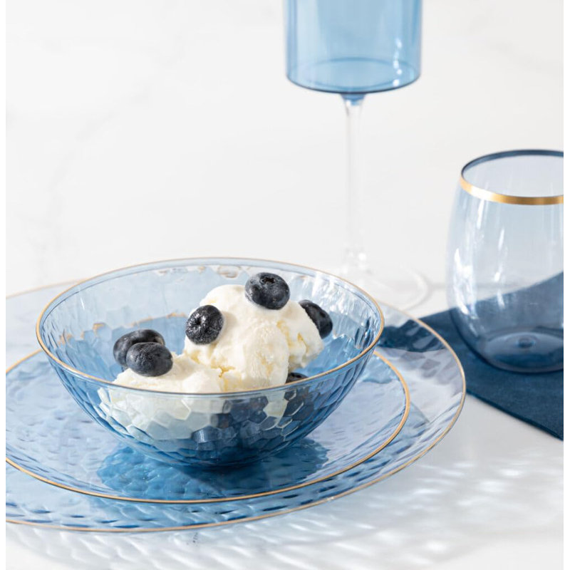 Bols ronds en plastique martelés bleus avec bordure dorée 12 oz EcoQuality, 30 invités