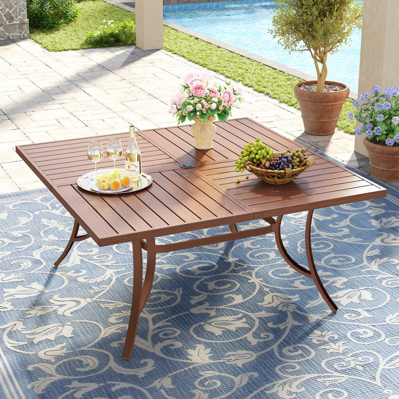 Table de salle à manger carrée 59,1 "avec trou pour parasol, Bois brun brossé / base noire