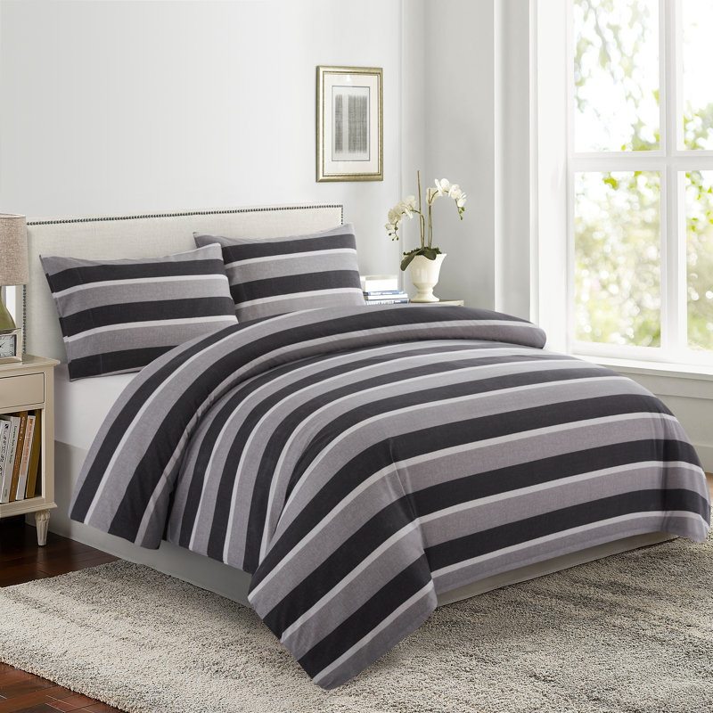 Marina Decoration Home Bedding Bedroom essentials Cooling Soft Silky Zipper All Season 3 Pieces Rayon from Bamboo Printed Duvet Cover Set with 2 Pillowcases, Black Grey Stripes Pattern King Size