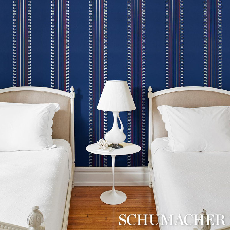 Schumacher x Mary McDonald Greco Stripe Wallpaper, Navy