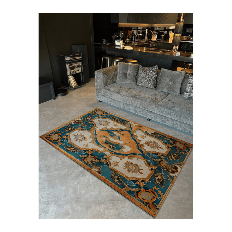 Tapis décoratif bleu traditionnel lavable à la machine, Tapis de couloir 2 pi 6 po x 9 pi 10 po inclus