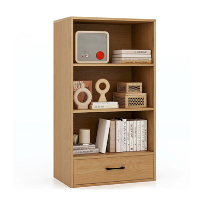 Bibliothèque à 4 niveaux en bois avec tiroir, étagères ouvertes et système anti-basculement, meuble de rangement moderne pour le salon, idéal pour les livres, la décoration et l'organisation du bureau, finition naturelle