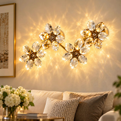 Applique murale à 4 fleurs de luxe en cristal floral à DEL avec 3 couleurs pour l'horizontale ou la verticale