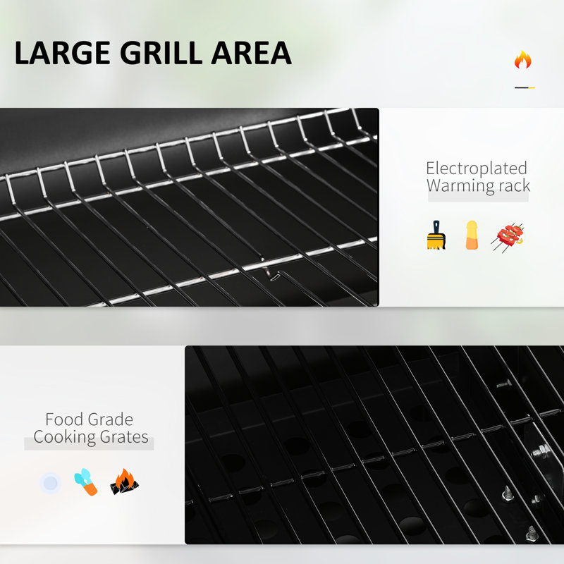 Barbecue au charbon de bois, barbecue de camping et pique-nique extérieur portable. 21,75 po x 16,5 po, surface de cuisson, table d'appoint, tablette de rangement, roulettes, poignée, noir. Thermomètre avant pour cuisinière à chauffage précis