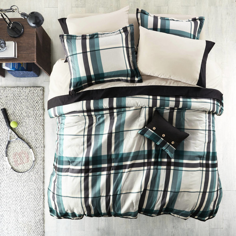 Édredon 9 pièces pour lit en microfibre à motif écossais bleu sarcelle / noir avec tous les articles nécessaires