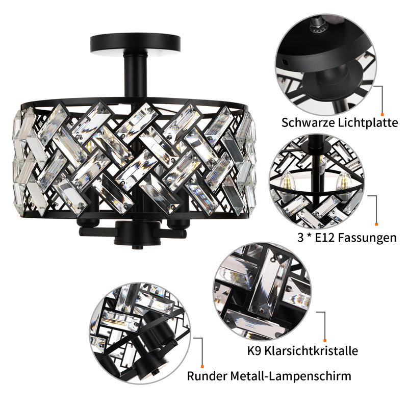 3-Light Modern Crystal Flush Mount Ceiling Light with Drum Shade Black Fixture for Bedroom Living Room Hallway