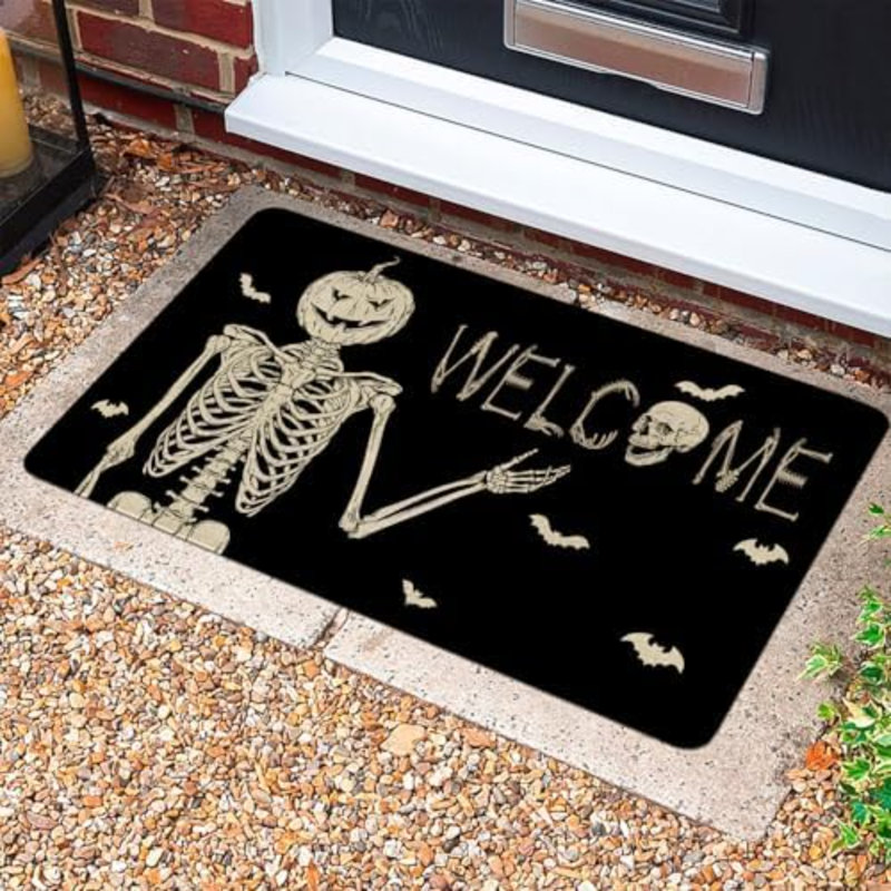 Tapis de porte d'Halloween, tapis de bienvenue d'Halloween squelette Spooky, tapis d'entrée de paillasson d'Halloween, noir, 17 po x 30 po