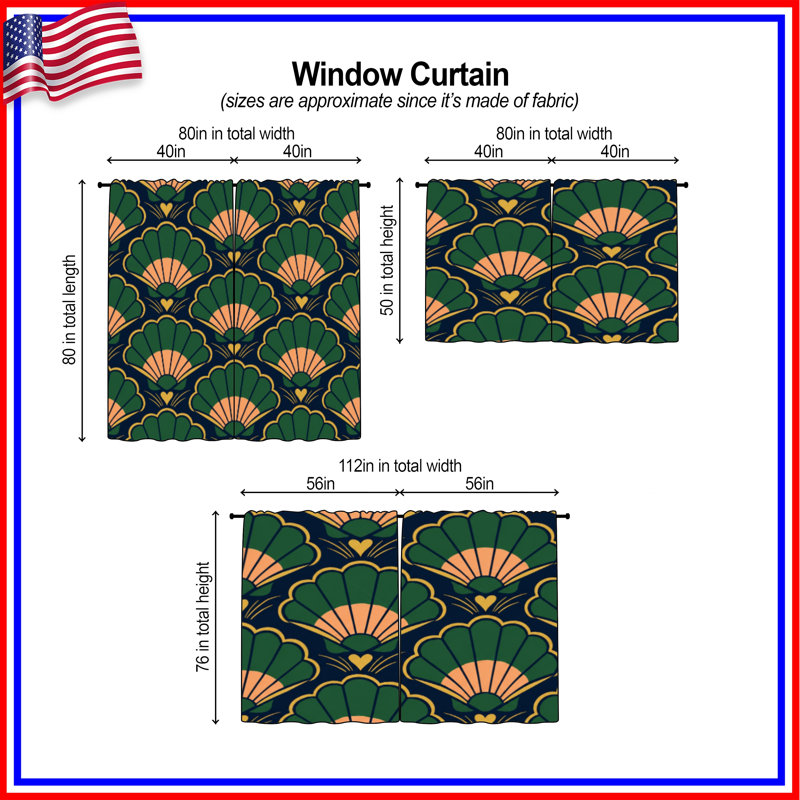 Art Deco Shells Window Curtains Shells Sheer & Room Darkening - 2 Panels, 80in x 61in - 2 panels, Sheer