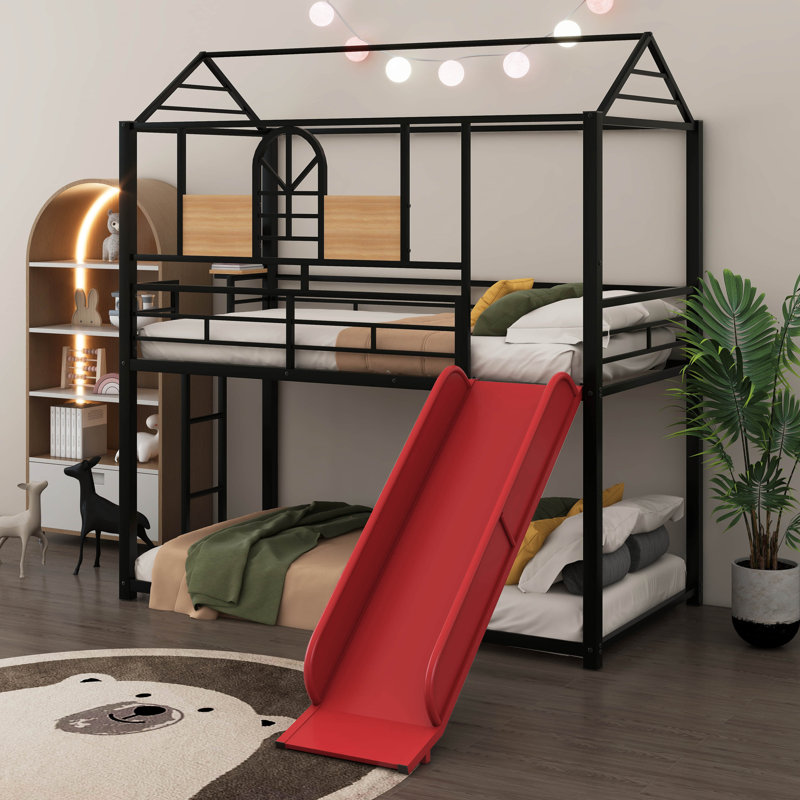Reesa Kids Twin Over Twin Bunk Bed, Black/Red