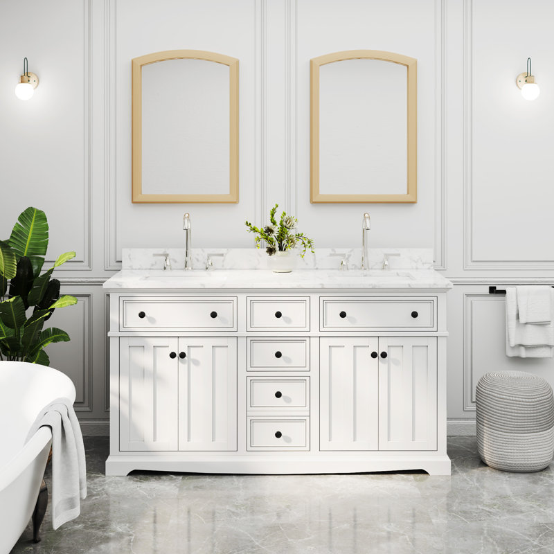 Meuble-lavabo double Barnhart 60 po entièrement assemblé avec comptoir en pierre reconstituée, dosseret inclus, lavabo en céramique, peinture à la main, tiroirs encastrés à fermeture amortie et charnières de porte à fermeture amortie.