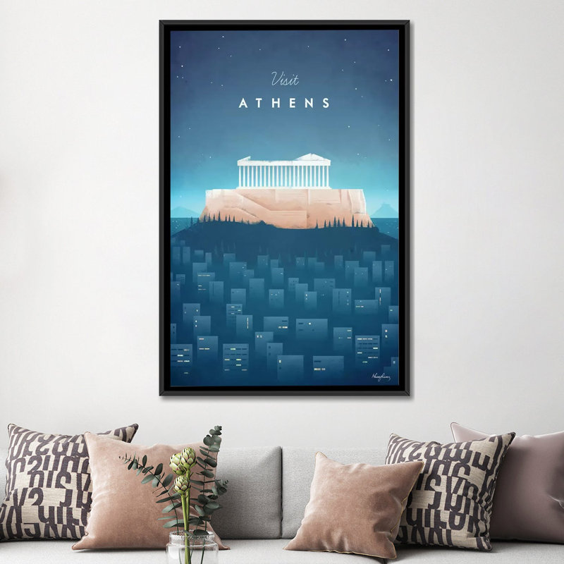 « visit athènes », impression sur toile, H 48 po x l 32 po x P 1,5 po, Toile avec cadre noir, Pas de tapis