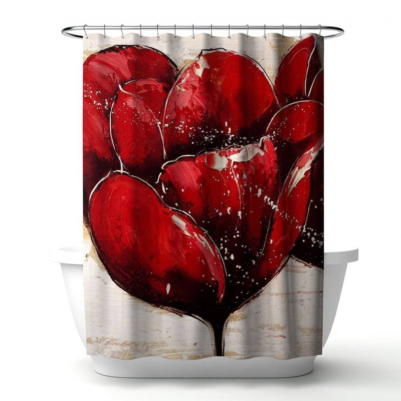Red Tulips Closeup – Polyester Shower Curtain, Dye Sublimation Print, 71" W × 74" L, Brown/Red/Beige Floral 16