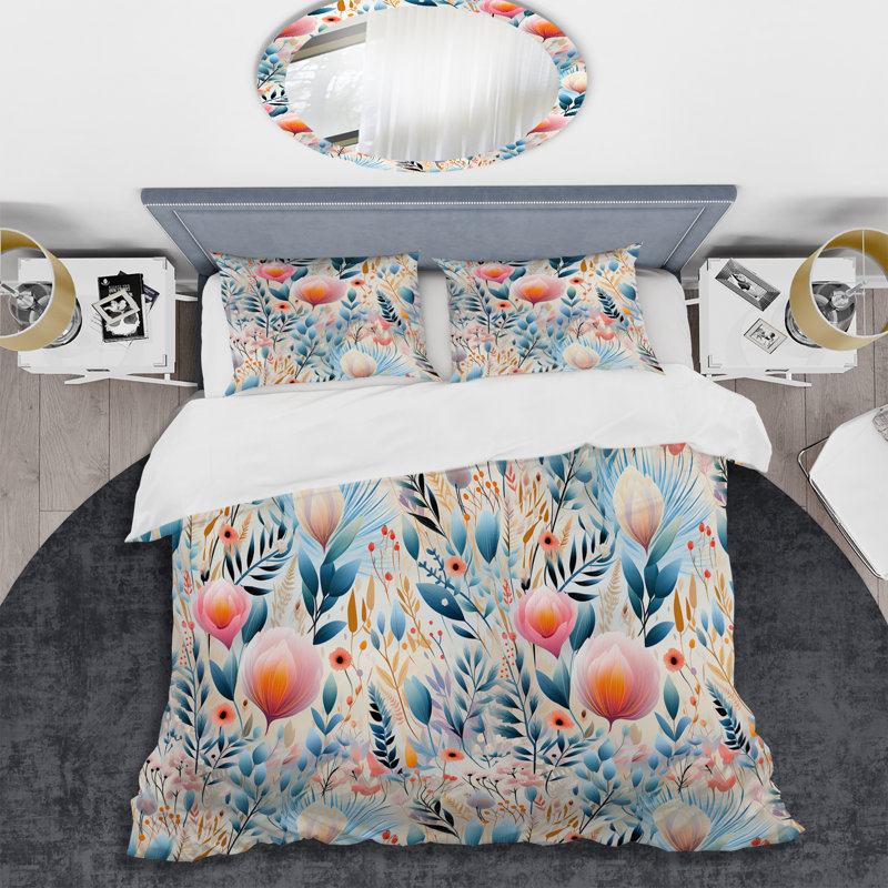 Ensemble de housse de couette pastel à motif de fougères bohémiennes II, Housse de couette pour grand lit et 2 taies décor