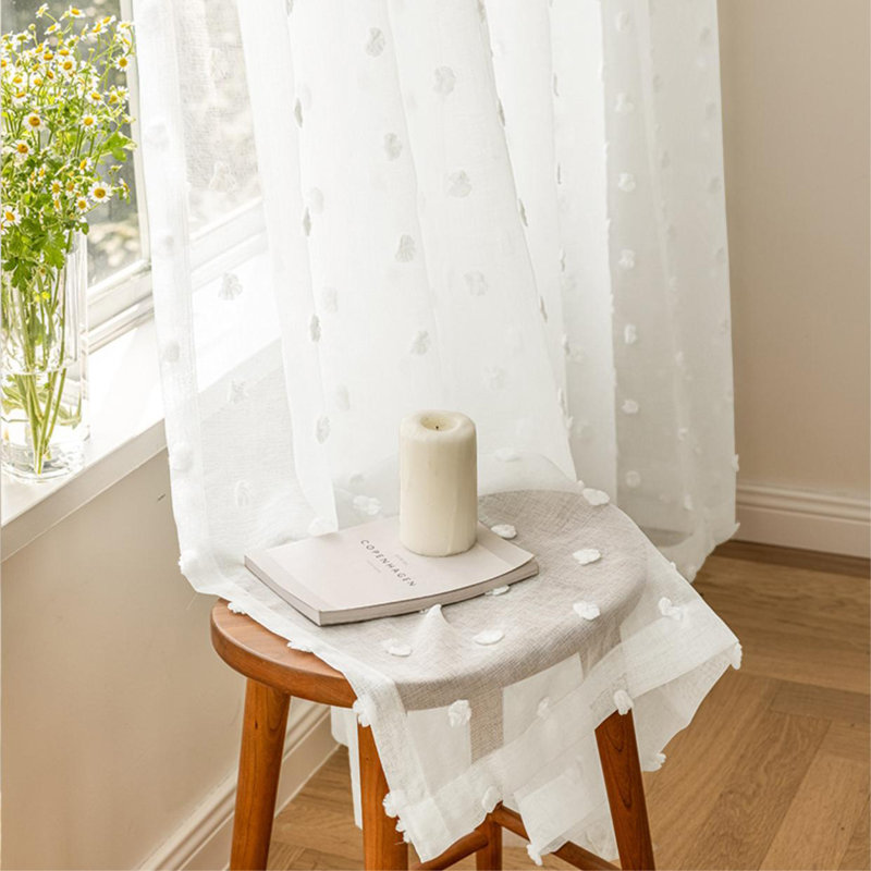 White Pompom Sheer Curtains Boho Rod Pocket Window Drapes, 55'' W x 84'' L