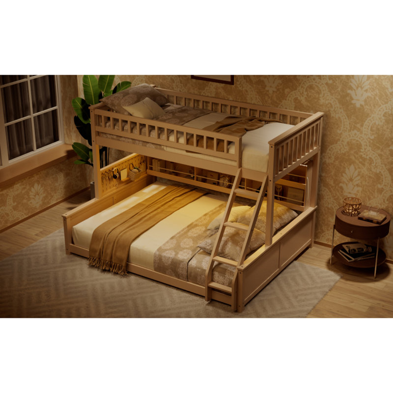 Lit superposé simple au-dessus de grand lit simple avec tablettes intégrées, lumières à changement de couleur et panneau perforé, beige