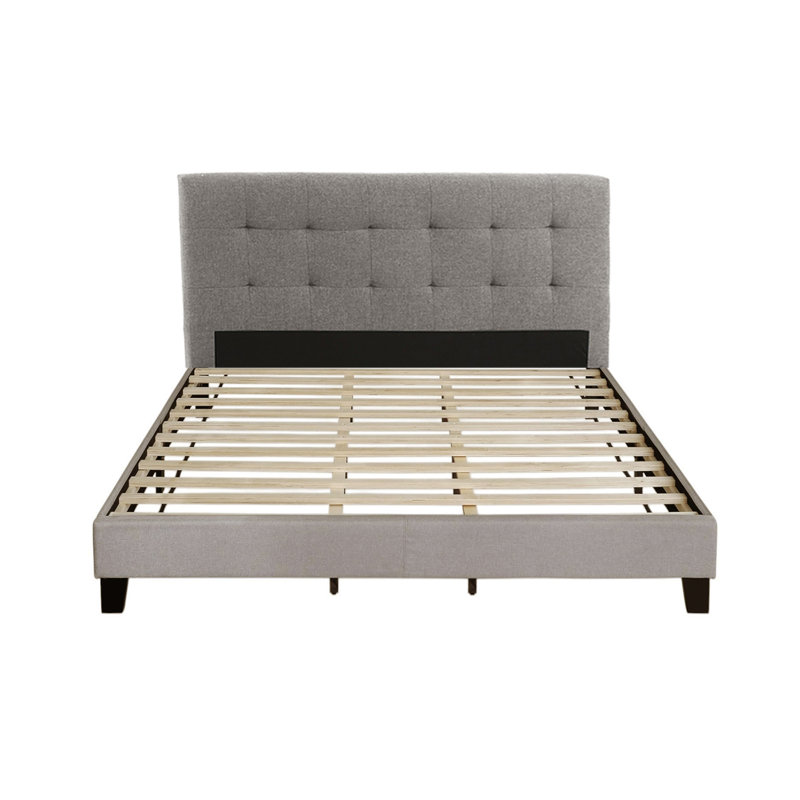 California King Gray Upholstered Platform Bed with Tufted Headboard