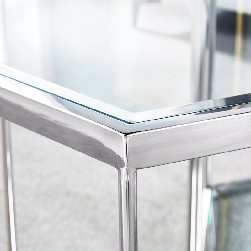 Table de bout en verre à 2 niveaux avec acier inoxydable argenté et capacité de rangement supplémentaire, fonctionnalité, espace, durabilité - plus d'articles de mobilier, facile à nettoyer rapidement, installation facile