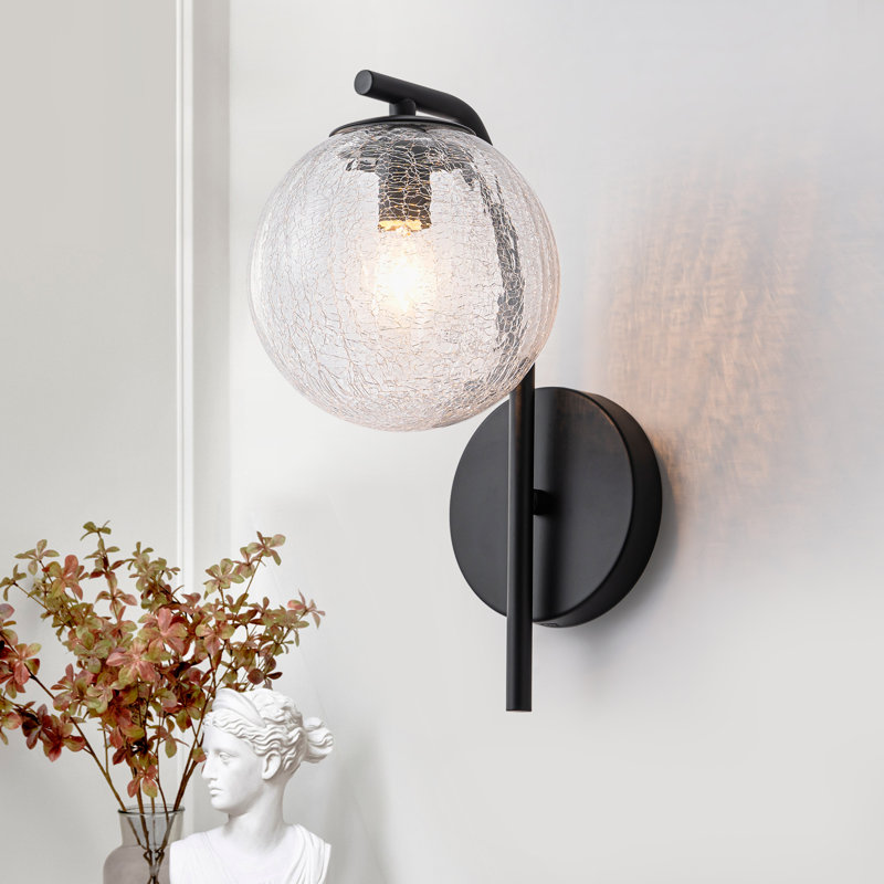 Modern Matte Black Wall Sconce with Crackle Glass Globe Shade, 1-Light E12 Ceramic Socket, ETL UL Listed, Reversible Mounting, 11.8" Height for Bathroom Bedroom Hallway