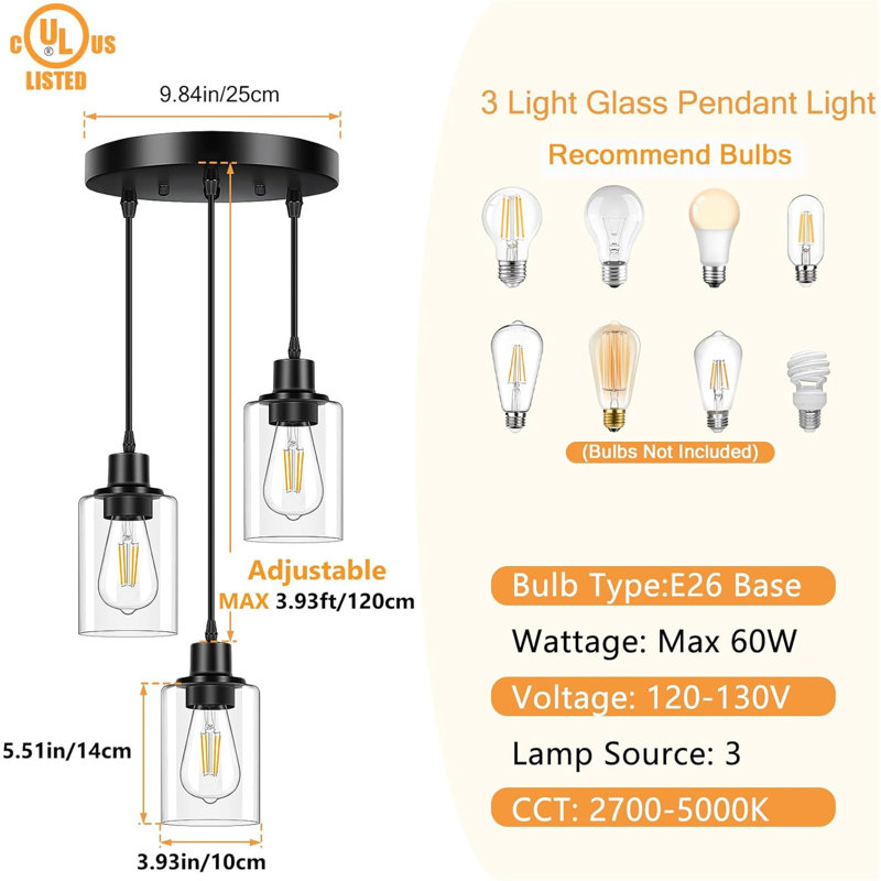 Matte Black Single Pendant, 3 Lights